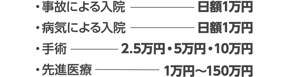 事故による入院:日額1万円 病気による入院:日額1万円 手術:2.5万円・5万円・10万円 先進医療:1万円〜150万円